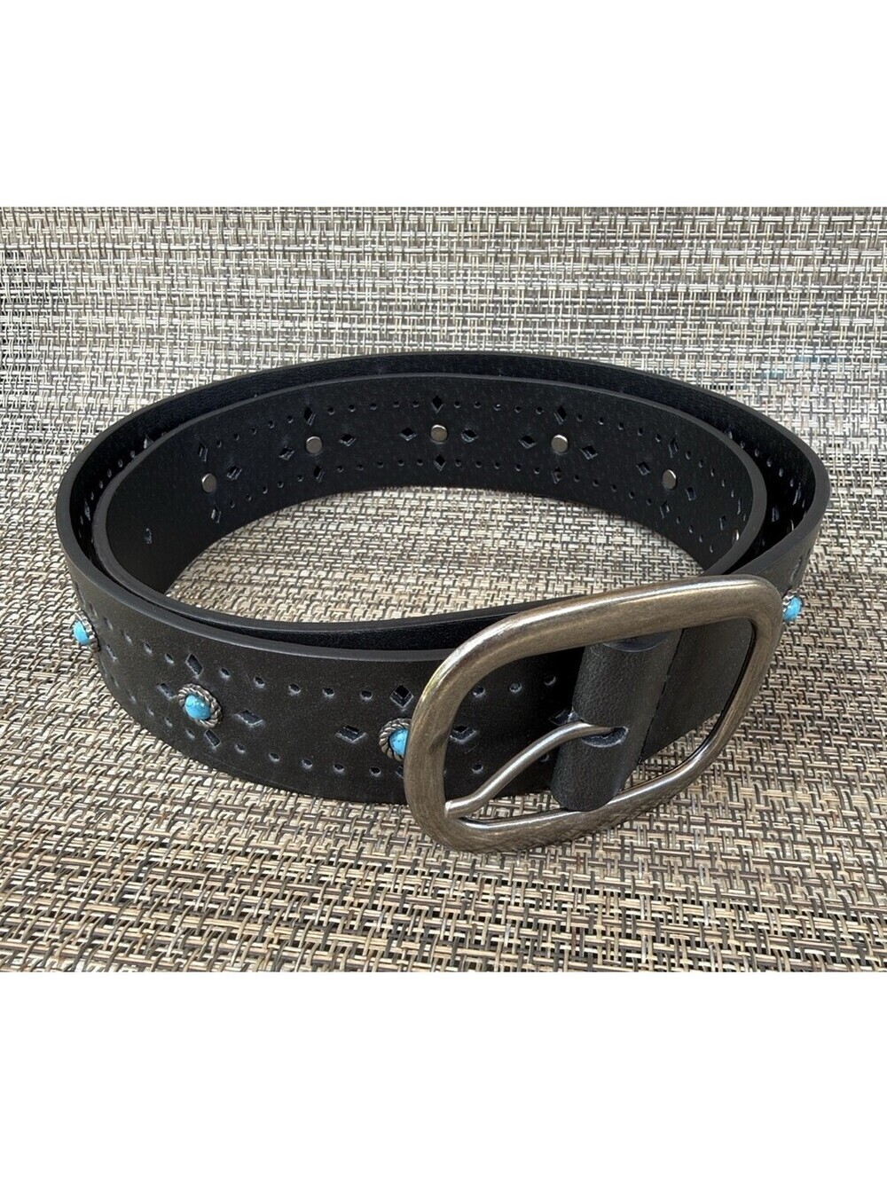 Black Faux Leather Belt Turquoise Studded Accents Silver Buckle Size L (35"-39")